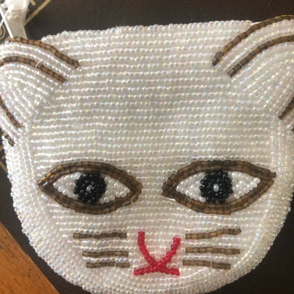 Vintage White Beaded Cat Face Key, Coin,  & Card Holder